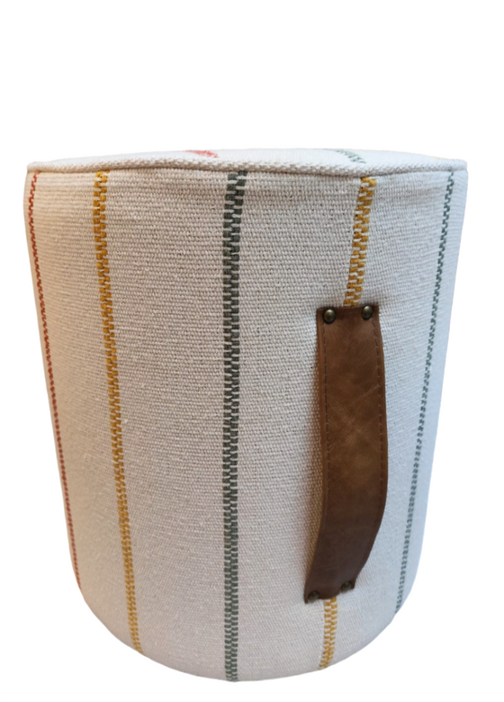 Puffe Boris em Lona Artesanal Washed Cru Claro Pesponto Colorido